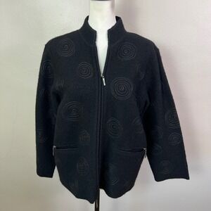 Jillian Jones Black 100% Boiled Wool Spiral Embroidered Full Zip Jacket, PM